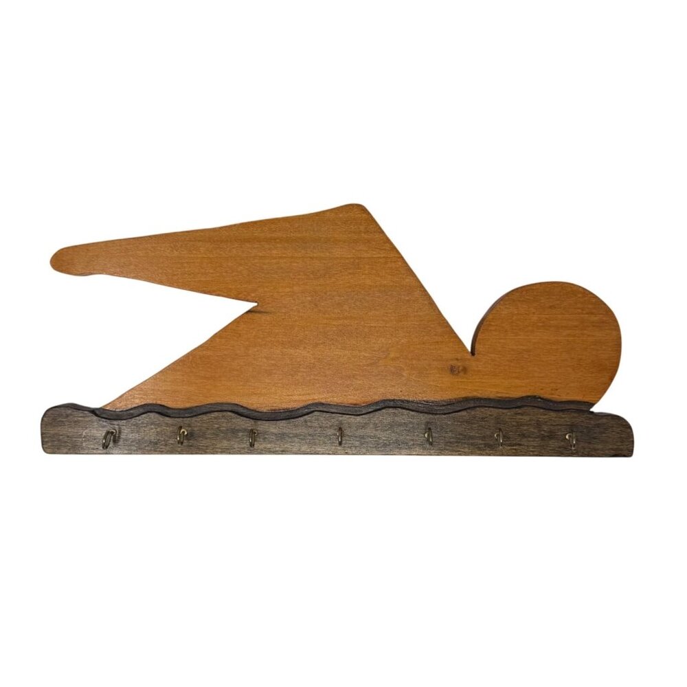 Vtg Wood Wall Hanging Key Holder Maximalist Décor Swimmer Swimming 17" x 7.25"